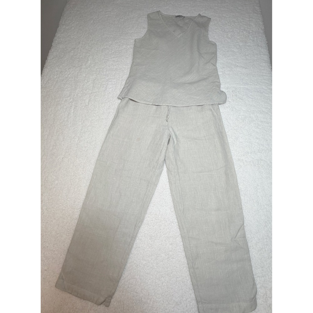 Cut Loose Womens M 2 Piece Linen Set V-Neck Tank Top Wide Leg Pants Beige